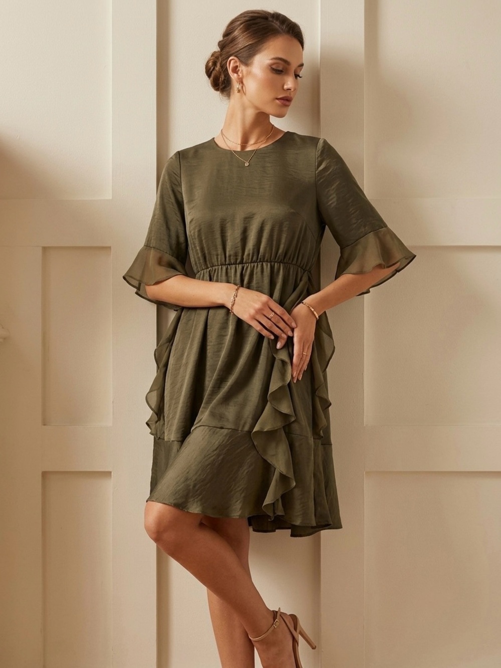 Who What Wear Olive Green Ruffle Midi Dress
